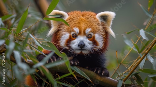  A red panda, closely gazing from a tree, faces the camera with a sad expression