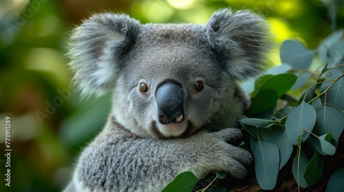  A tight shot of a koala perched on a tree limb, surrounded by a near branch adorned with leaves