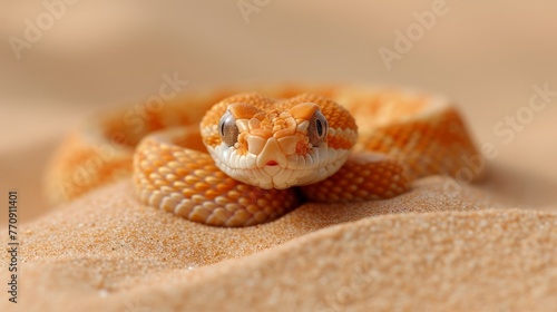  A tight shot of a tiny orange snake on a sandy bed, mouth agape and eyes widened