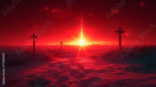  A red sky with three crosses in the foreground and stars overhead at night