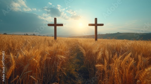 Two crosses stand in a wheat field as the sun sets, casting long shadows; a few clouds scatter the orange and red hues in the sky
