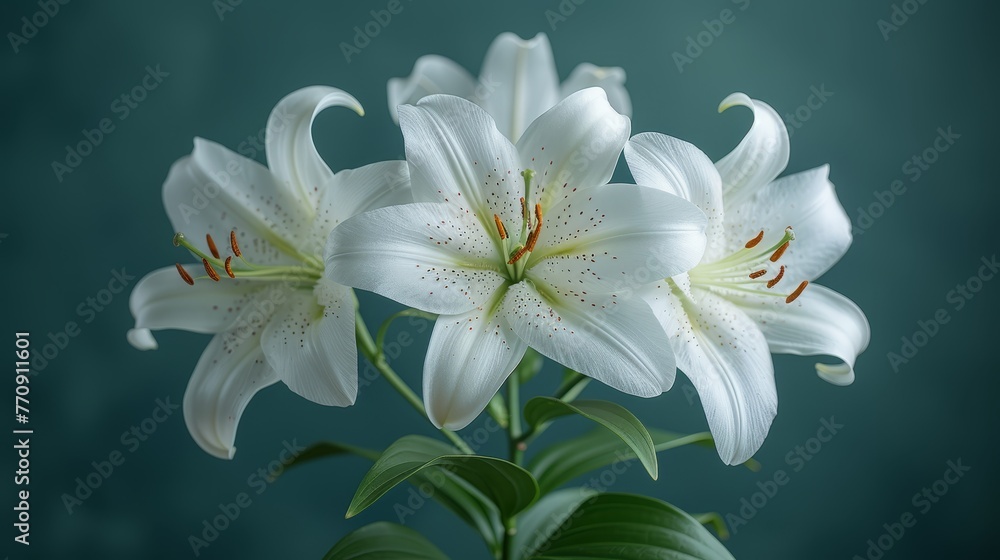   White lilies with green leaves in a vase on a green tablecloth against a blue backdrop