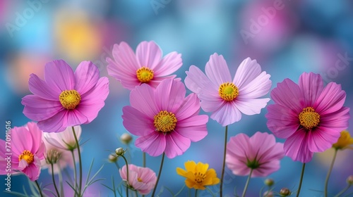   A collection of pink and yellow blooms before a blue-pink backdrop  yellow center prevails