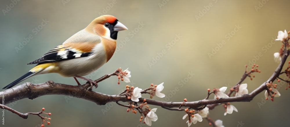 Fototapeta premium A graceful finch perched on a twig in a natural landscape, with colorful feathers and a delicate beak, serenading with its sweet song