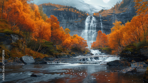 A breathtaking autumn landscape featuring cascading waterfalls surrounded by vibrant orange and red trees. Created with Ai