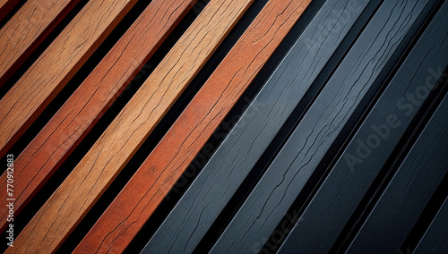 Wooden slats background from brown, gray, to black, in the style of minimalistic textured background.

