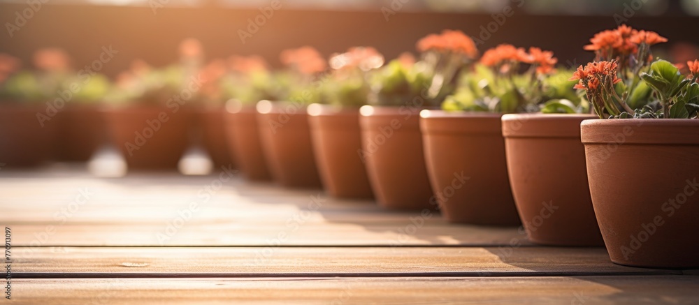 A lineup of tableware potted plants placed on a hardwood deck, creating a charming and cozy atmosphere perfect for enjoying a meal or drink outdoors A lineup of tableware potted plants placed on a hardwood deck, creating a charming and cozy atmosphere perfect for enjoying a meal or drink outdoors
