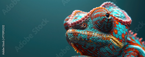 A colorful chameleon with its head tilted to the side in a closeup shot against a blue color wallpaper