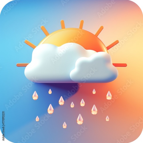 3D Weather Icon with Sun, Cloud, and Raindrops photo