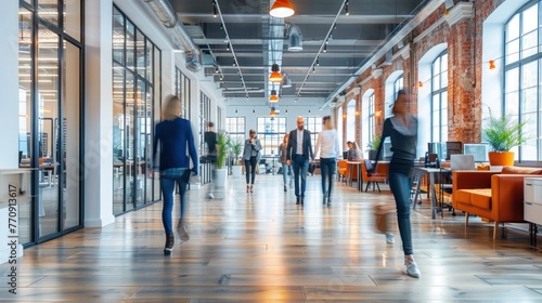 Bright business workplace with people in walking in blurred motion in modern office space photo