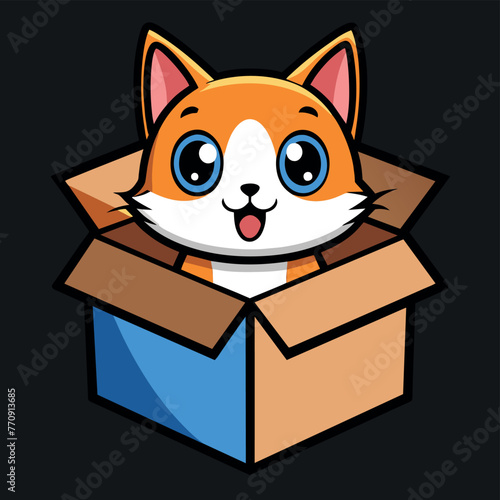 Cute cat in a box. Colorful kitten in gift box. Cat sticker on black background. Surprise in cardboard box. Cartoon sticker pet emoji. Cartoon logo icon badge, design Vector illustration.

