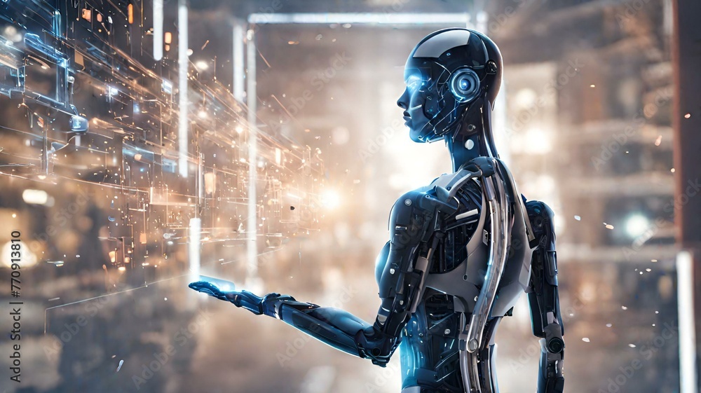 Naklejka premium Transformative power of technology as it enhances human capabilities, from artificial intelligence and robotics to augmented reality and beyond.