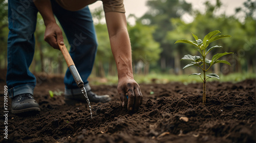 Person planting trees or working in community garden promoting local food production and habitat restoration  concept of Sustainability and Community Engagement  created with Generative AI technology