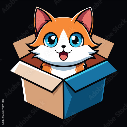 Cute cat in a box. Colorful kitten in gift box. Cat sticker on black background. Surprise in cardboard box. Cartoon sticker pet emoji. Cartoon logo icon badge, design Vector illustration.
