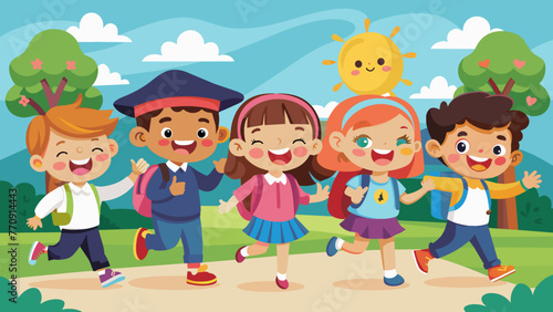 illustration of happy cartoon school children