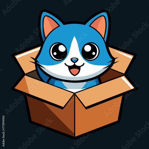 Cute cat in a box. Colorful kitten in gift box. Cat sticker on black background. Surprise in cardboard box. Cartoon sticker pet emoji. Cartoon logo icon badge, design Vector illustration.
