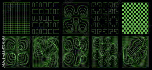Set of neon geometric wireframe grids. Distorted grids based on psychedelic motives. Modern vector illustration of the 2000s.