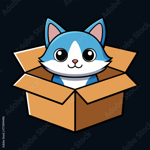 Cute cat in a box. Colorful kitten in gift box. Cat sticker on black background. Surprise in cardboard box. Cartoon sticker pet emoji. Cartoon logo icon badge, design Vector illustration.
