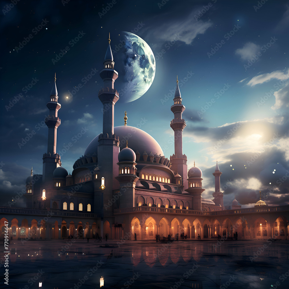 Ramadan Kareem greeting card with mosque and full moon in night