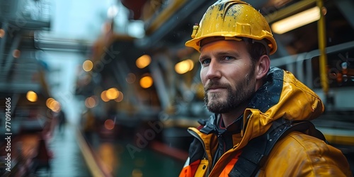 Oil worker in safety gear on offshore oil rig working to produce oil in the sea. Concept Offshore Oil Rig, Oil Worker, Safety Gear, Oil Production, Sea Operations