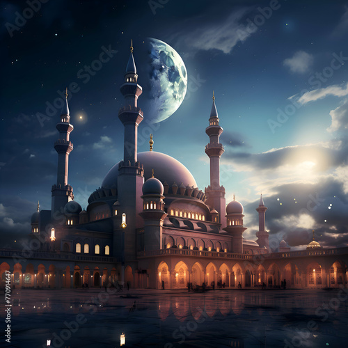 Ramadan Kareem greeting card with mosque and full moon in night