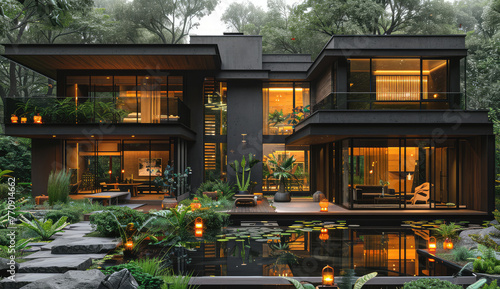 A black modern house with glass windows, surrounded by lush greenery and featuring an indoor pond, creating a serene atmosphere for relaxation in the midst of nature. Created with Ai