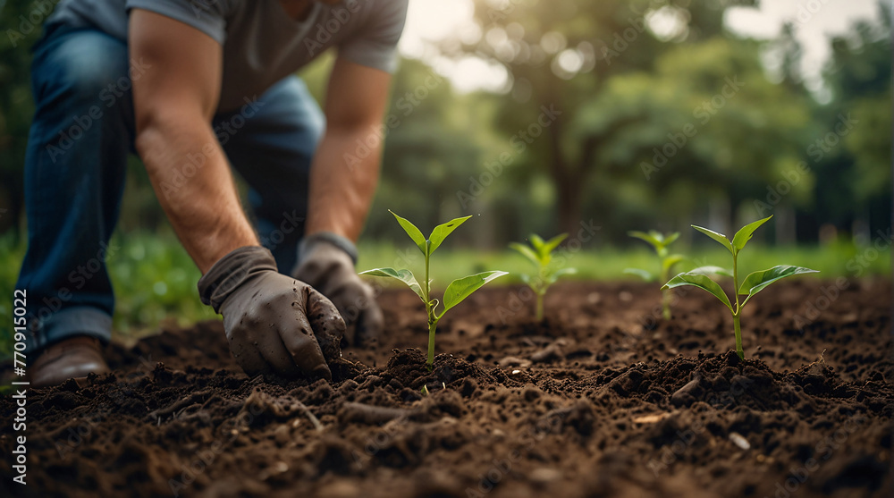Person planting trees or working in community garden promoting local food production and habitat restoration, concept of Sustainability and Community Engagement, created with Generative AI technology Person planting trees or working in community garden promoting local food production and habitat restoration, concept of Sustainability and Community Engagement, created with Generative AI technology