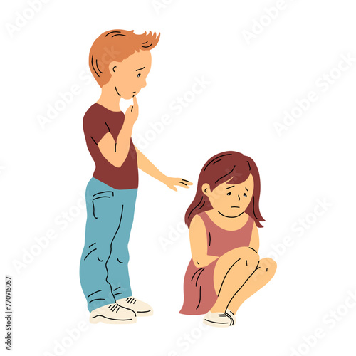 Little boy and girl. The brother asks his sister for forgiveness. The girl is offended and crying. Children and childhood. Vector illustration isolated on white background