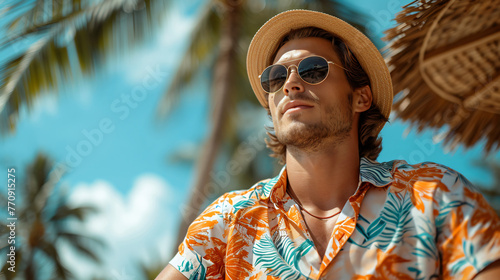 Smiling man in vibrant Hawaiian shirt embodies the essence of a relaxing vacation, radiating joy and tropical charm. photo