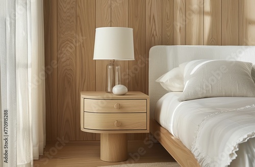 A white oak bedside table with one drawer and an off white lamp on top, placed next to the bed in front of light wood paneling walls