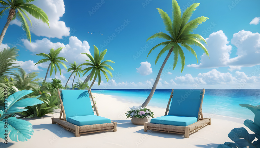 Beach white beautiful tropical sand two sun loungers on background 4 Beach white beautiful tropical sand two sun loungers on background 4
