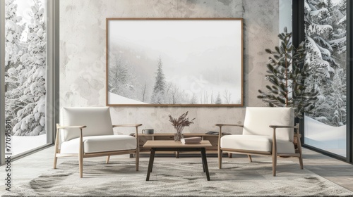 An empty rectangle frame mockup in oak wood, placed on the wall of a living room with two armchairs facing each other and a coffee table between them. A large window showing a snowy landscape outside photo