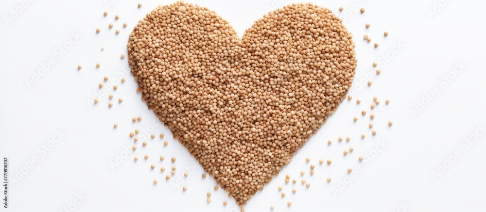 A heartshaped dessert made of sesame seeds on a white background, representing love and affection. The dish is a popular finger food in many cuisines, perfect for a sweet gesture