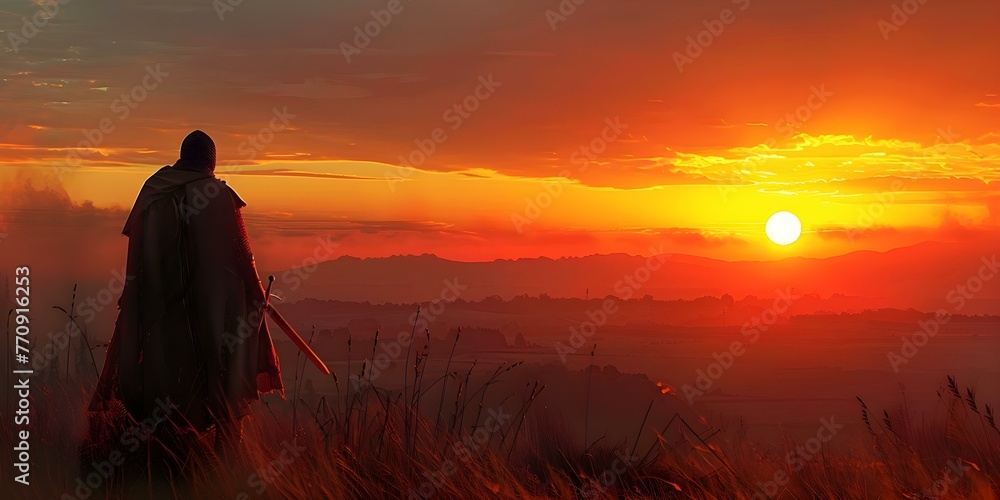 Knight watching sunrise after nightlong vigil. Concept Heroic Moments, Morning Light, Medieval Fantasy Knight watching sunrise after nightlong vigil. Concept Heroic Moments, Morning Light, Medieval Fantasy