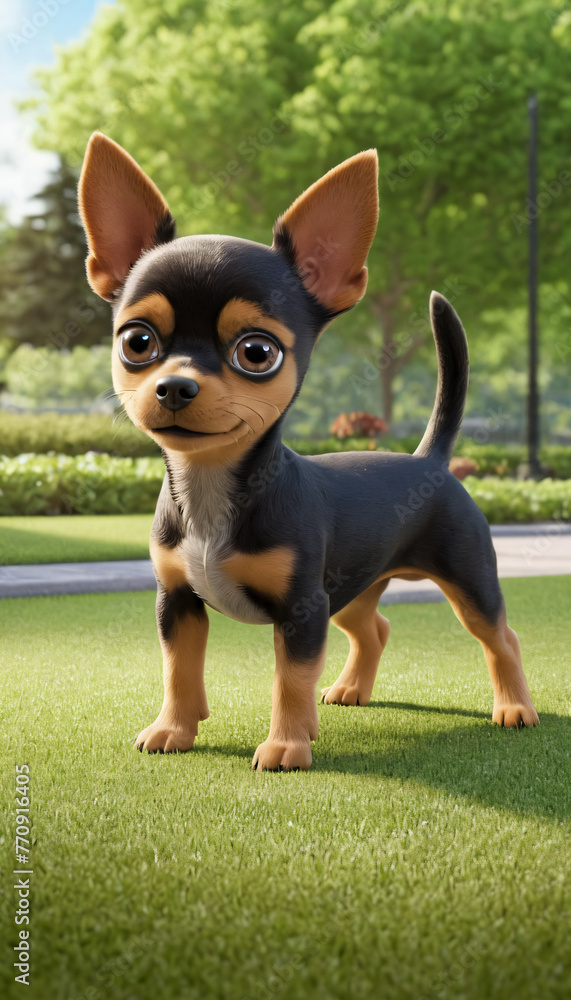 A small cute cartoon toy terrier puppy walks in a city park on the lawn