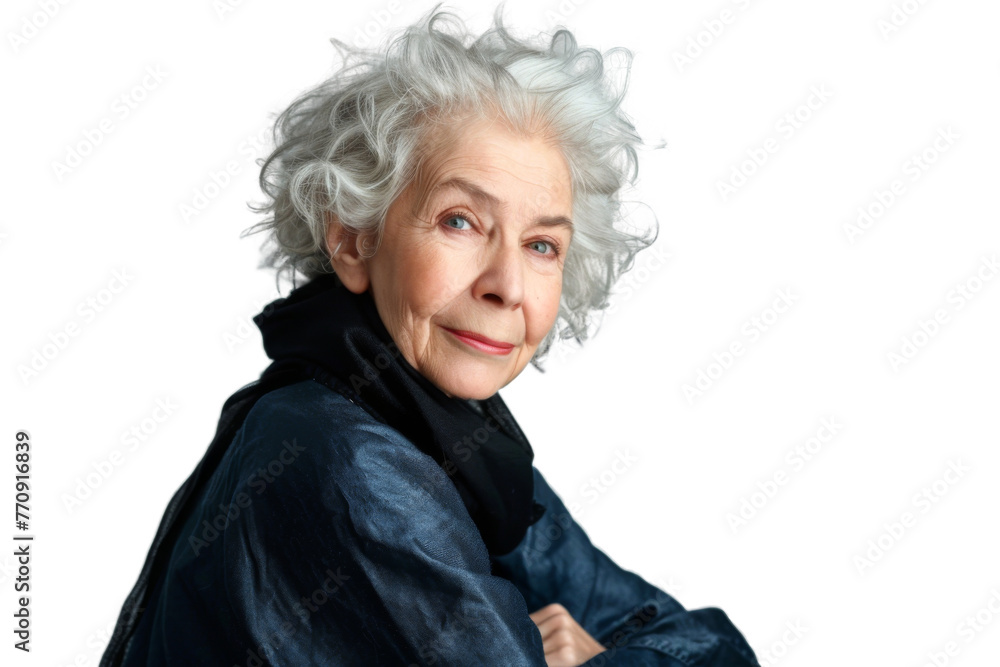 Studio portrait of a beautiful old mature Caucasian Americana woman in casual look with an attractive smile, isolated on transparent png background
