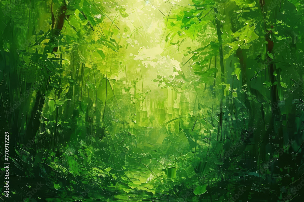 A painting of a forest with a bright green color