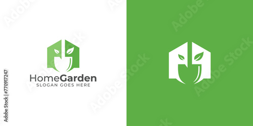 Creative Home Garden Logo. Home, House and Shovel Spade with Minimalist Modern Style. Gardening Logo Icon Symbol Vector Design Inspiration.