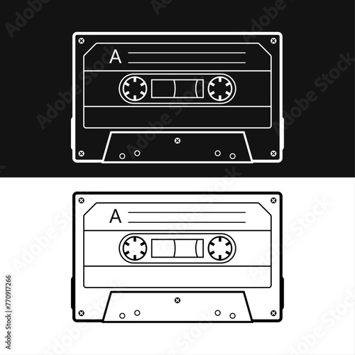 Retro audio cassette tape outline, a vector illustration set. Isolated on the black and white background