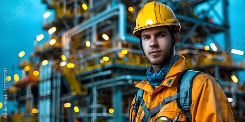 Working on an Offshore Oil Rig: A Risky yet Rewarding Career for Oil Worker in Safety Gear. Concept Oil Extraction, Offshore Platforms, Safety Precautions, High-Risk Environment, Oil Worker Career
