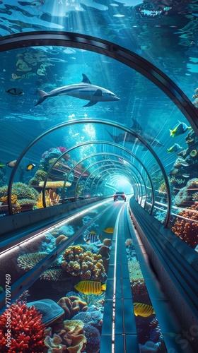 Futuristic car drives through a serene underwater tunnel surrounded by a vibrant coral reef and diverse fish.