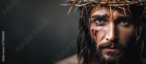 Jesus Christ in crown of thorns, photo close up 