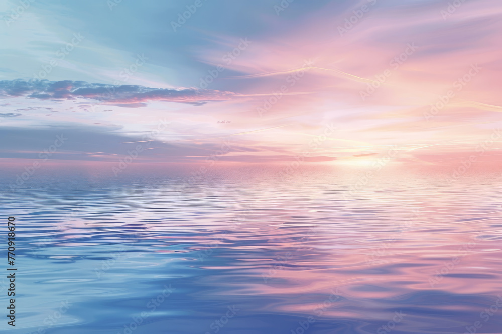 A beautiful blue ocean with a pink and purple sunset in the background