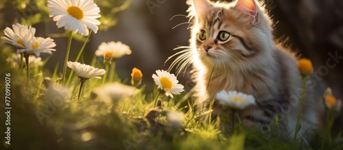 A small carnivore from the Felidae family, the kitten with whiskers is wandering through a field of daisies, gracefully stepping on the grass and petals