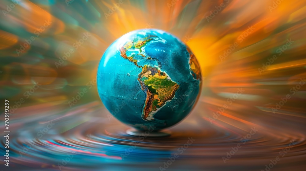 A globe of the earth is floating on a wave of water. The globe is blue and white and is surrounded by a blurry orange and green background. Concept of movement and fluidity A globe of the earth is floating on a wave of water. The globe is blue and white and is surrounded by a blurry orange and green background. Concept of movement and fluidity