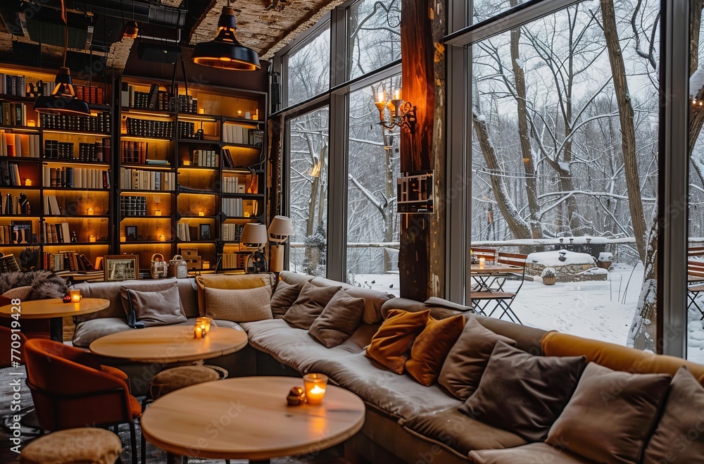 Cozy cafe with large windows, a sofa and bookshelves in the back. Outside is a snow covered forest, candles on tables, modern interior design