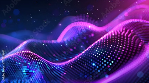 Technology digital wave background concept.Beautiful motion waving dots texture with glowing defocused particles. Cyber or technology background ai generated  © Hamid