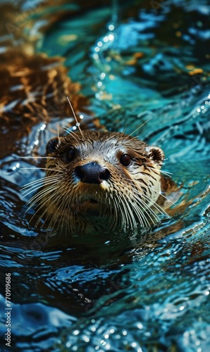 A close up of an otter swimming in the water with its eyes open. Generative AI. © serg3d