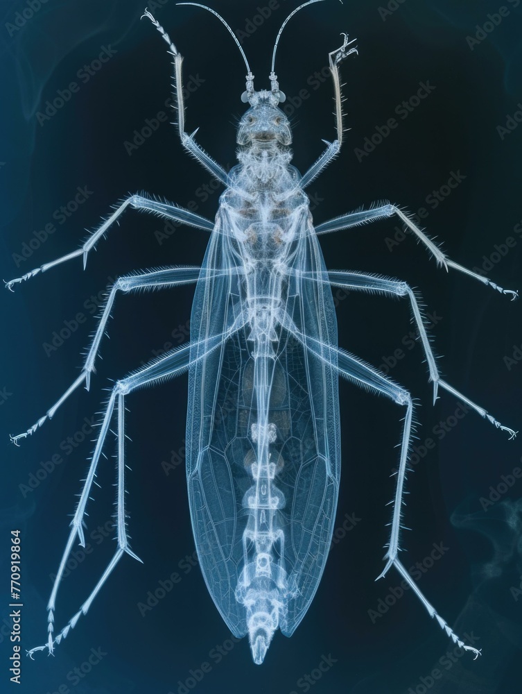 A bug with a transparent body is shown on the black background. Generative AI. A bug with a transparent body is shown on the black background. Generative AI.