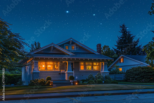 Night's gentle calm surrounding a silver Craftsman style house, suburban silence profound and restful, occasional flickers of household lights, stars twinkling above